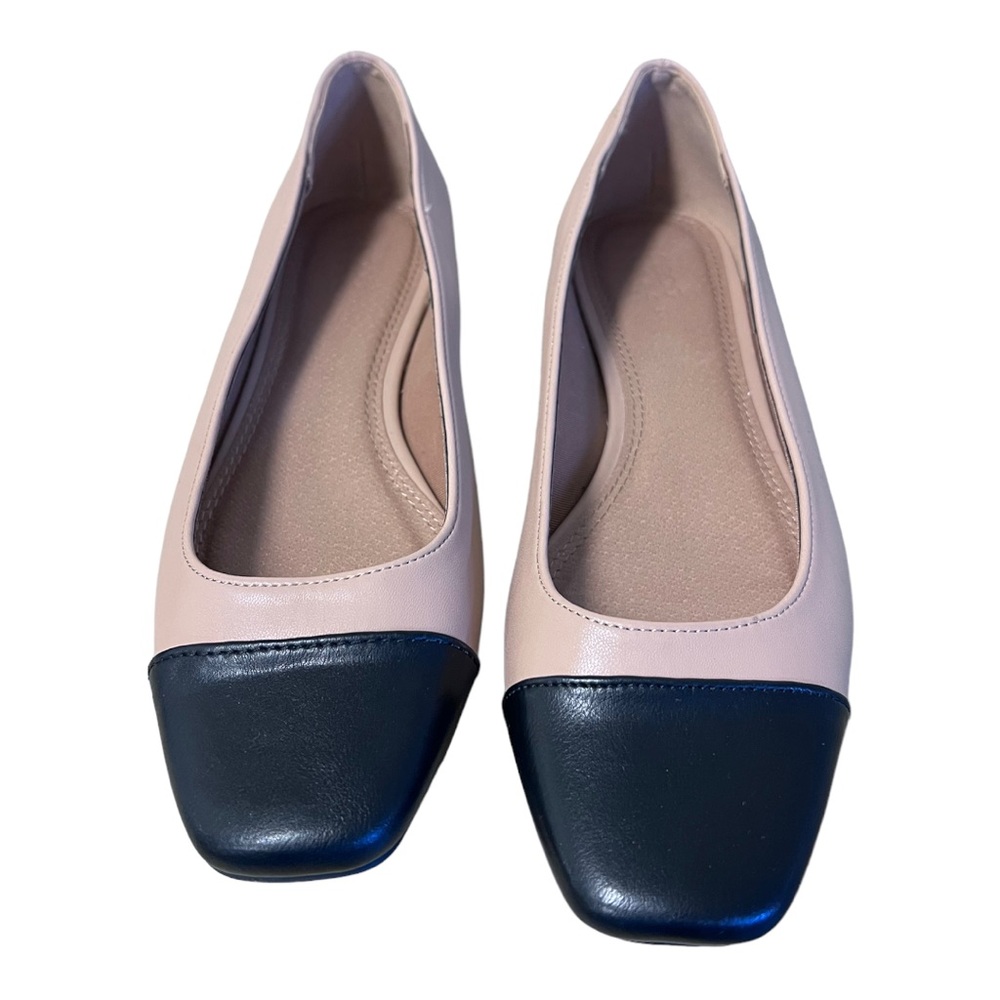 ASOS DESIGN Wide Fit Locket square toe ballet flats in beige and black Size 7